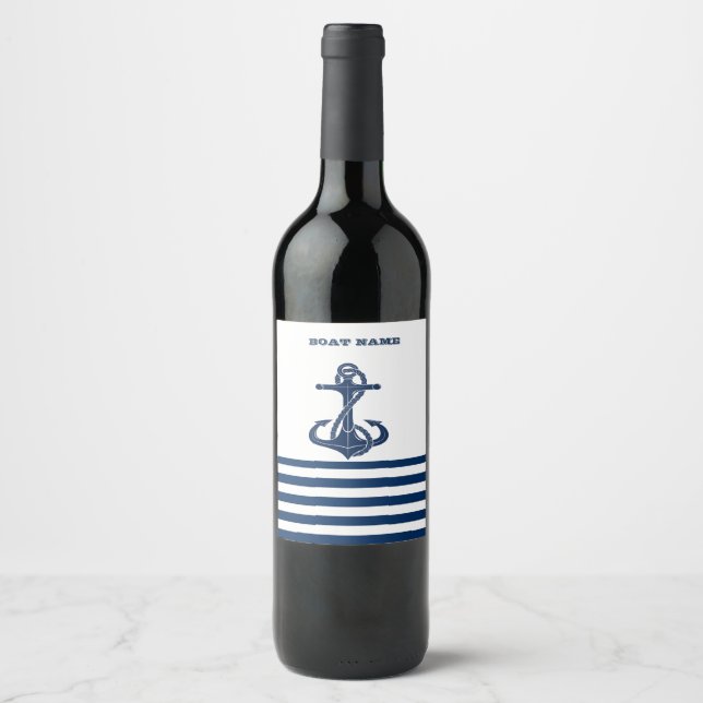 Nautical Boat Name,Anchor  Navy Blue White Stripes Wine Label (Front)