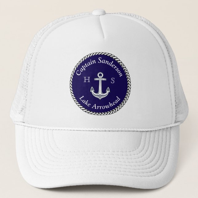Nautical Boat Name Anchor Navy n White  Trucker Hat (Front)