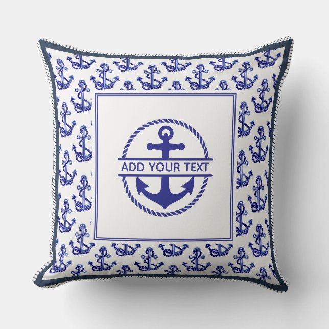 Nautical Boat Name Anchor Pattern Navy Blue Cushion (Front)