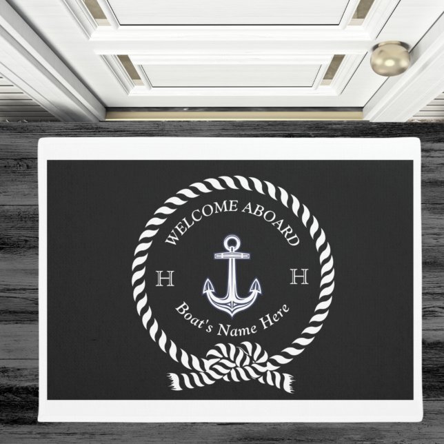 Nautical Boat Name Anchor Rope Black White Welcome Doormat (Creator Uploaded)