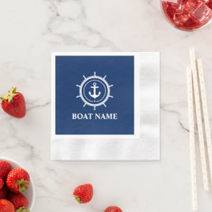 Nautical Boat Name Anchor Rope Helm Blue Cocktail Napkin