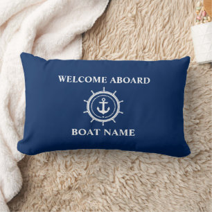 Nautical Boat Name Anchor Rope Helm Welcome Blue Lumbar Cushion