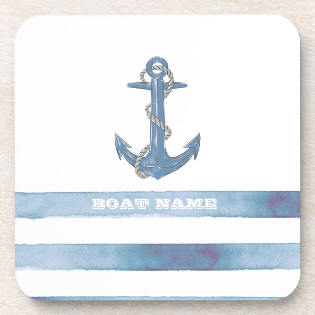 Nautical Boat Name,Anchor,Rope,Light Blue Stripes  Coaster (Front)