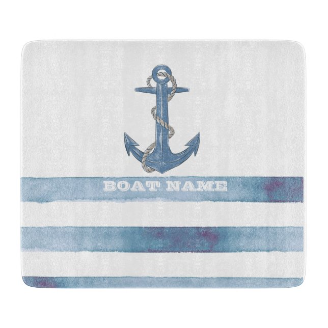 Nautical Boat Name,Anchor,Rope,Light Blue Stripes  Cutting Board (Front)