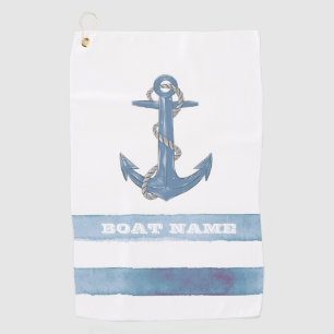 Nautical Boat Name,Anchor,Rope,Light Blue Stripes Golf Towel