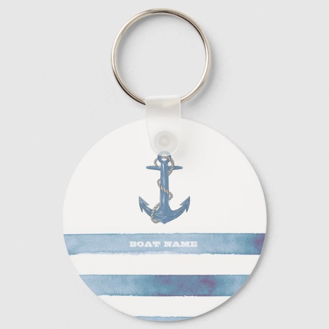 Nautical Boat Name,Anchor,Rope,Light Blue Stripes  Key Ring (Front)