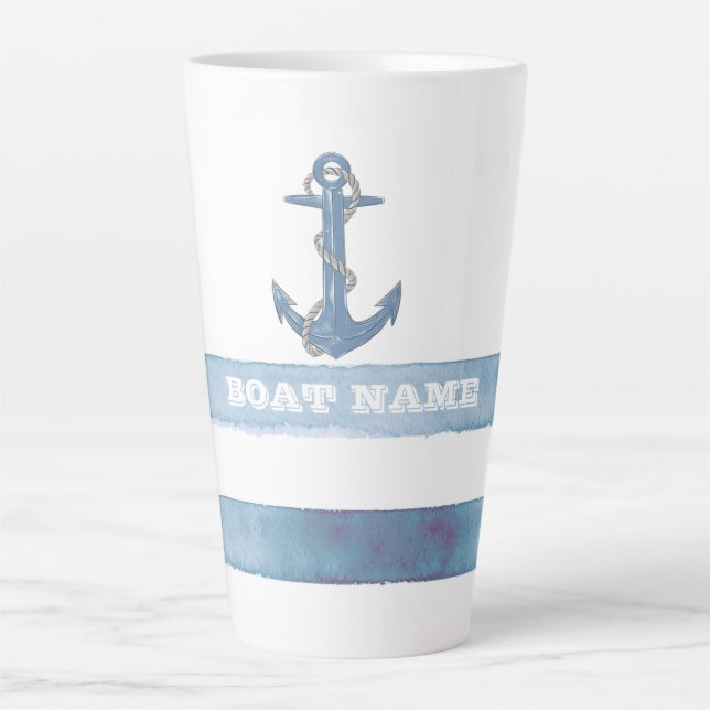 Nautical Boat Name,Anchor,Rope,Light Blue Stripes  Latte Mug (Front)