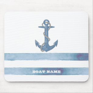 Nautical Boat Name,Anchor,Rope,Light Blue Stripes Mouse Pad