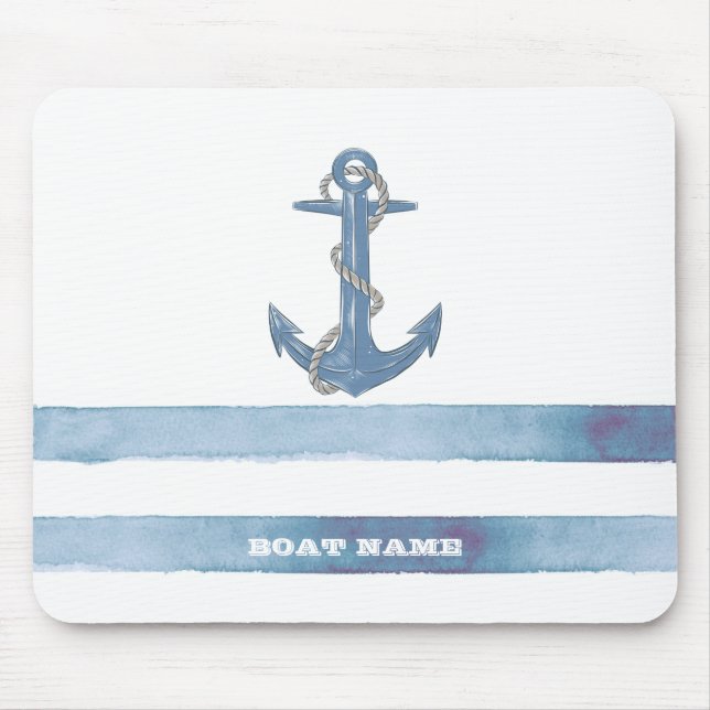 Nautical Boat Name,Anchor,Rope,Light Blue Stripes  Mouse Pad (Front)