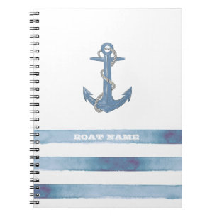 Nautical Boat Name,Anchor,Rope,Light Blue Stripes Notebook