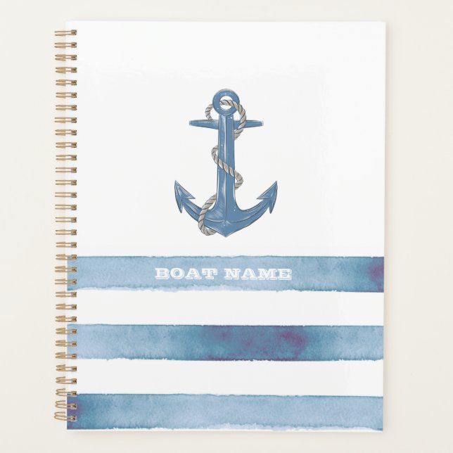 Nautical Boat Name,Anchor,Rope,Light Blue Stripes  Planner (Front)