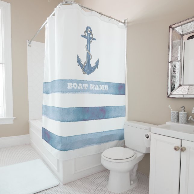 Nautical Boat Name,Anchor,Rope,Light Blue Stripes Shower Curtain (In Situ)