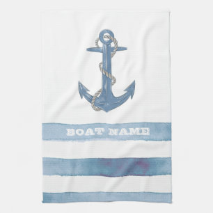 Nautical Boat Name,Anchor,Rope,Light Blue Stripes  Tea Towel