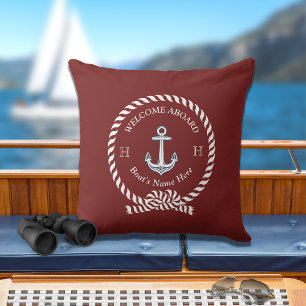 Nautical Boat Name Anchor Rope Maroon Red  Cushion