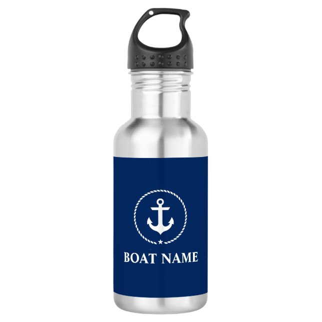 Nautical Boat Name Anchor Rope Navy Blue 532 Ml Water Bottle (Front)
