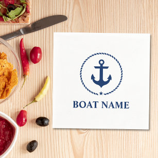 Nautical Boat Name Anchor Rope Navy Blue and White Napkin