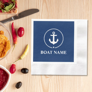 Nautical Boat Name Anchor Rope Navy Blue Cocktail Napkin