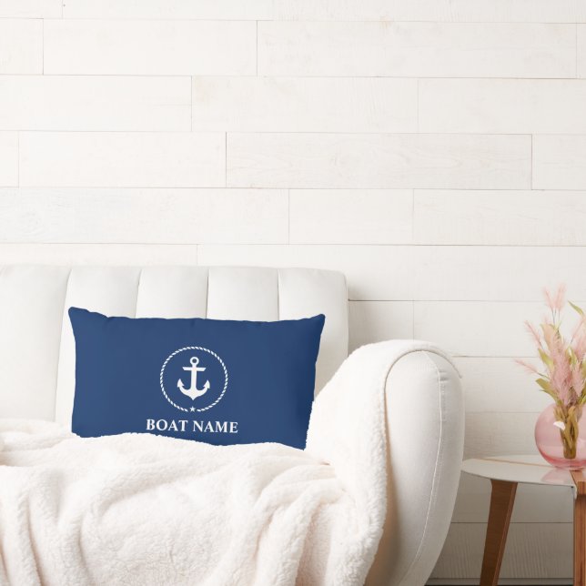 Nautical Boat Name Anchor Rope Navy Blue Lumbar Cushion (Couch)