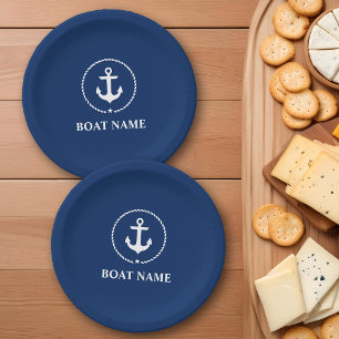 Nautical Boat Name Anchor Rope Navy Blue Paper Plate