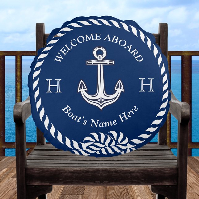 Nautical Boat Name Anchor Rope Navy Blue Round Cushion (Creator Uploaded)