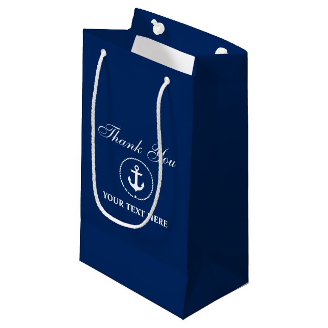 Nautical Boat Name Anchor Rope Navy Blue Small Gift Bag (Front Angled)