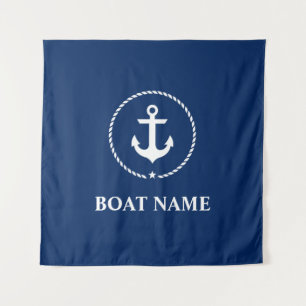 Nautical Boat Name Anchor Rope Navy Blue Square Tapestry