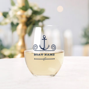 Nautical Boat Name,Anchor,Rope, Navy Blue Stemless Wine Glass