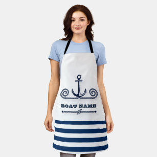 Nautical Boat Name,Anchor,Rope, Navy Blue Stripes Apron