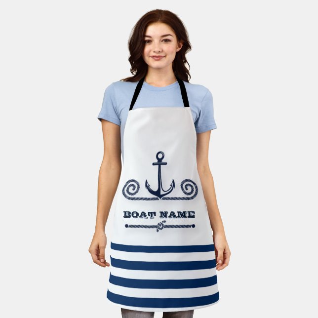 Nautical Boat Name,Anchor,Rope, Navy Blue Stripes Apron (Worn)