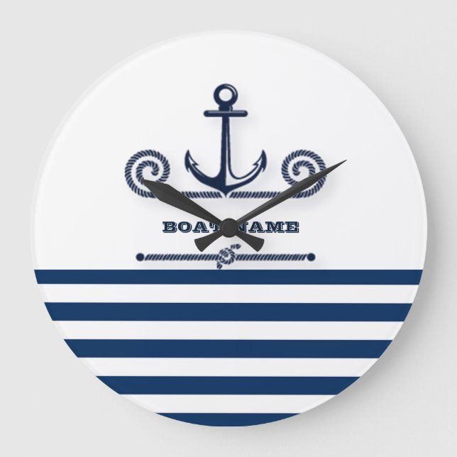 Nautical Boat Name,Anchor,Rope, Navy Blue Stripes  Large Clock (Front)
