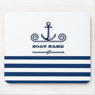 Nautical Boat Name,Anchor,Rope, Navy Blue Stripes Mouse Pad