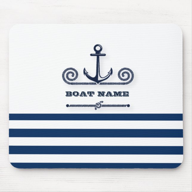 Nautical Boat Name,Anchor,Rope, Navy Blue Stripes  Mouse Pad (Front)