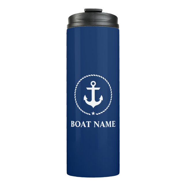 Nautical Boat Name Anchor Rope Navy Blue Thermal Tumbler (Front)