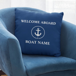 Nautical Boat Name Anchor Rope Navy Blue Welcome Cushion