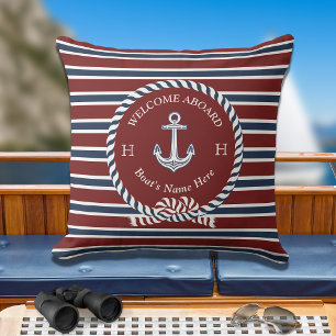 Nautical Boat Name Anchor Rope Navy Blue  Welcome  Cushion