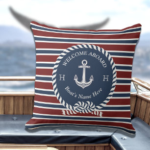 Nautical Boat Name Anchor Rope Navy Blue Welcome Cushion