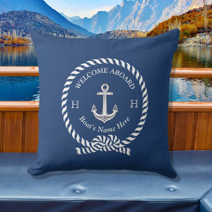 Nautical Boat Name Anchor Rope Navy Blue Welcome  Cushion