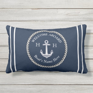Nautical Boat Name Anchor Rope Navy Blue Welcome L Lumbar Cushion