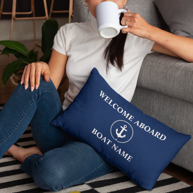 Nautical Boat Name Anchor Rope Navy Blue Welcome Lumbar Cushion (Customize to change text size or text style.)