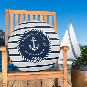 Nautical Boat Name Anchor Rope Navy Blue Welcome  Round Cushion