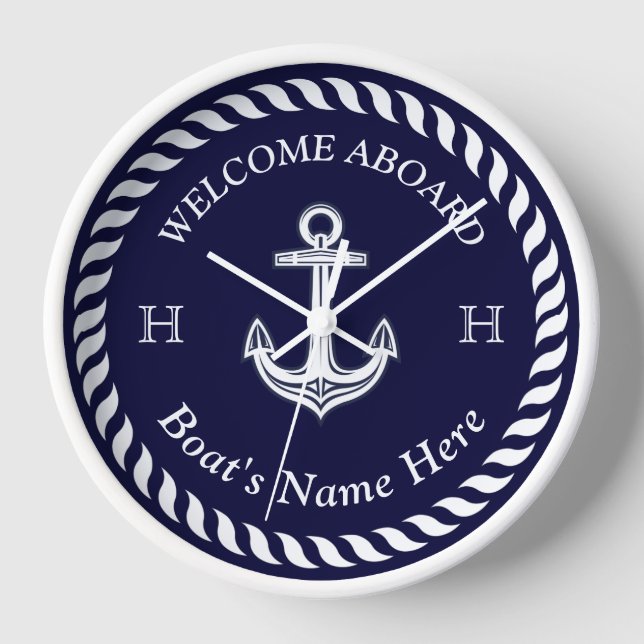 Nautical Boat Name Anchor Rope Navy Blue White  Clock (Front)