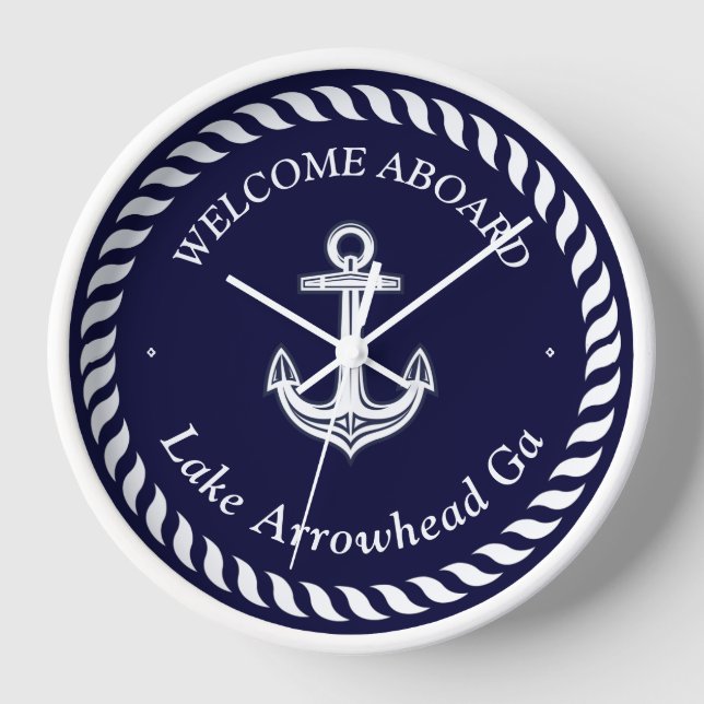 Nautical Boat Name Anchor Rope Navy Blue White  Clock (Front)