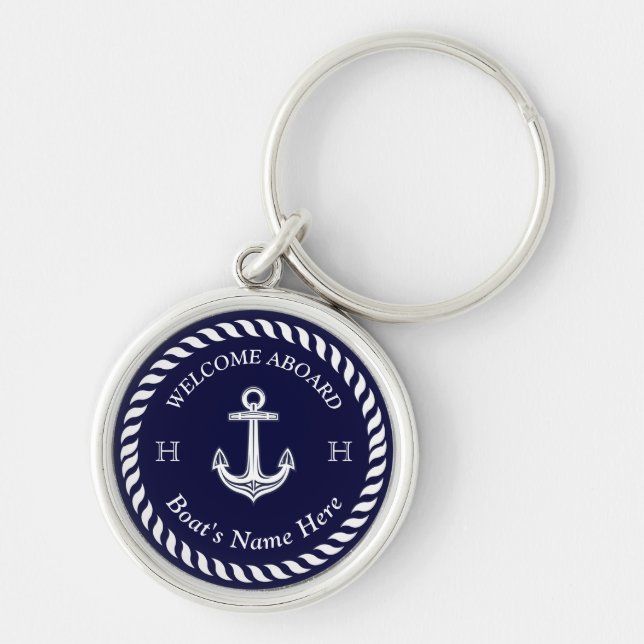 Nautical Boat Name Anchor Rope Navy Blue White  Key Ring (Front)