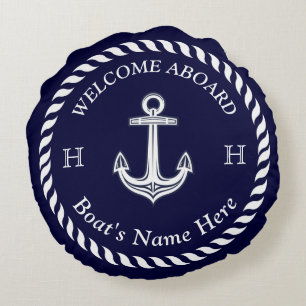 Nautical Boat Name Anchor Rope Navy Blue White Round Cushion