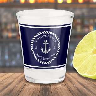 Nautical Boat Name Anchor Rope Navy Blue White  Shot Glass