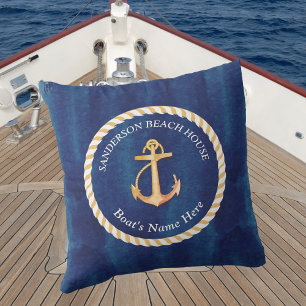 Nautical Boat Name Anchor Rope Navy Blue Yellow Cushion