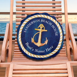 Nautical Boat Name Anchor Rope Navy Blue Yellow Round Cushion