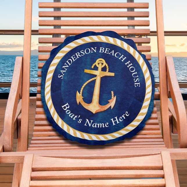 Nautical Boat Name Anchor Rope Navy Blue Yellow Round Cushion (Creator Uploaded)