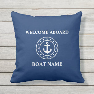 Nautical Boat Name Anchor Rope Stars Blue Welcome Cushion