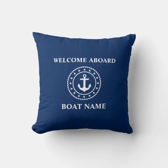 Nautical Boat Name Anchor Rope Stars Blue Welcome Cushion (Front)